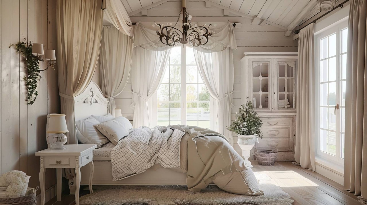 Bedroom with drapery and valances at its windows near Cape Coral, Florida (FL)